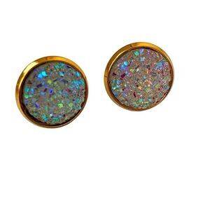 Men’s Prism Iridescent Faux Druzy Gold White Rainbow Iced Out Stud Earrings NEW